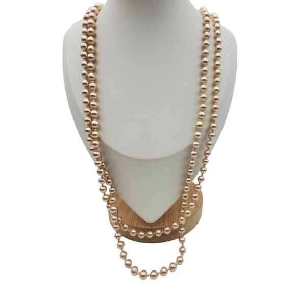 Long Faux Pearl Strand Necklace Hand Knotted Natural Color Flapper Japan 59" L - Picture 5 of 5